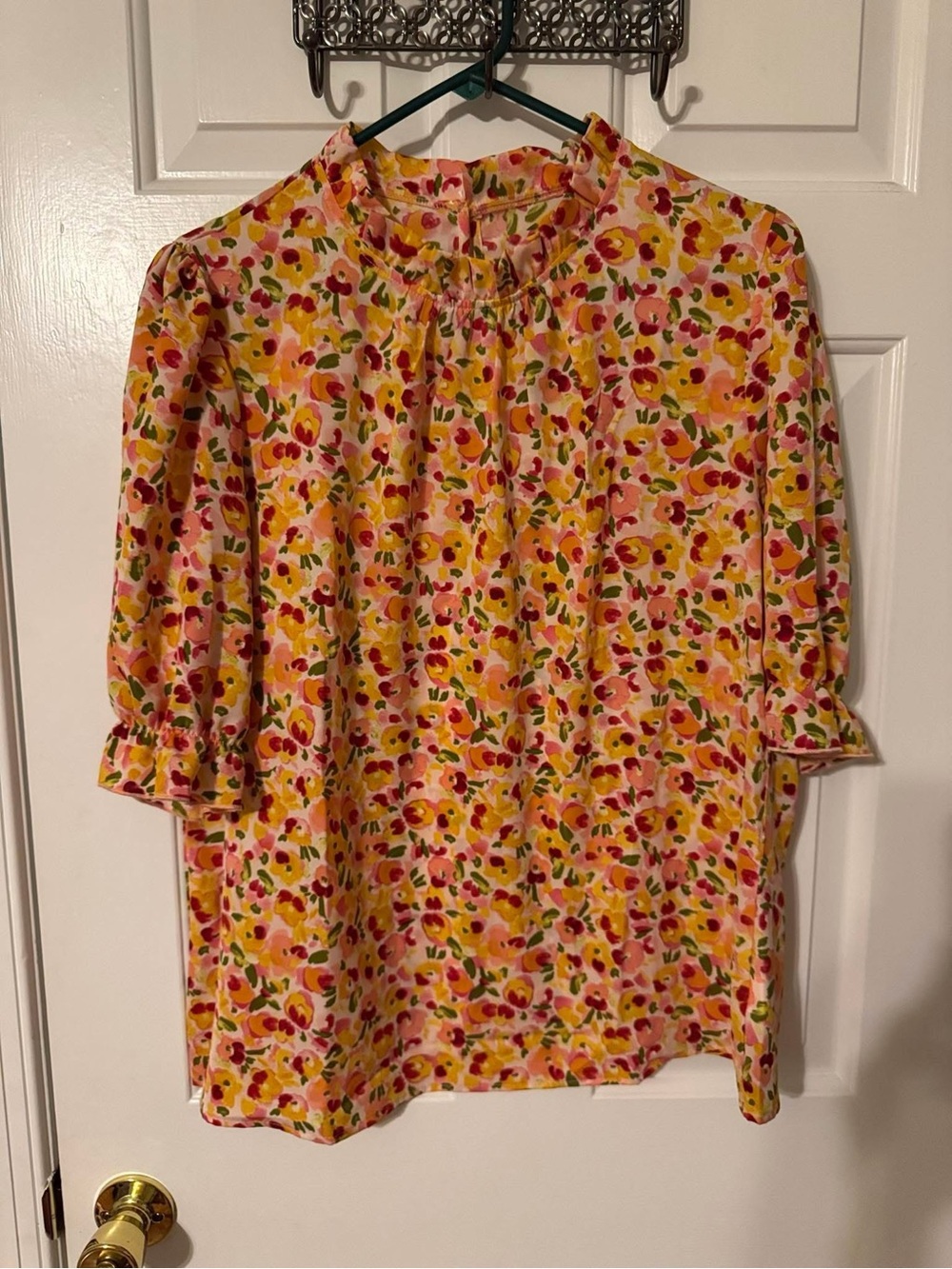 Floral Ruffle Neck Blouse - Pink, Yellow & Green